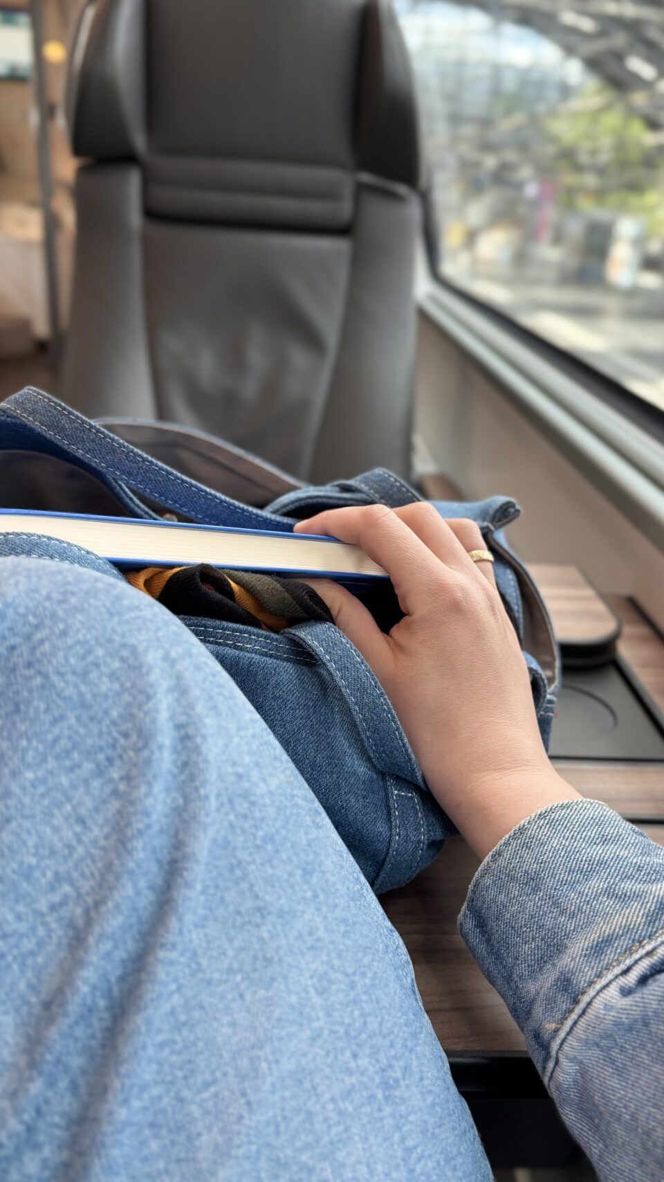 Blaues Notizbuch für Selbstreflexion und Achtsamkeit während der Zugfahrt – Moment für mich