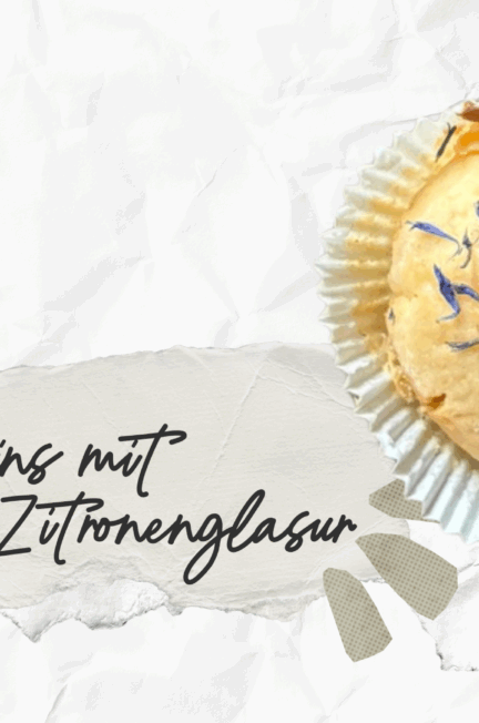 Saftige Zitronenmuffins mit Buttermilchglasur und Kornblumen-Deko